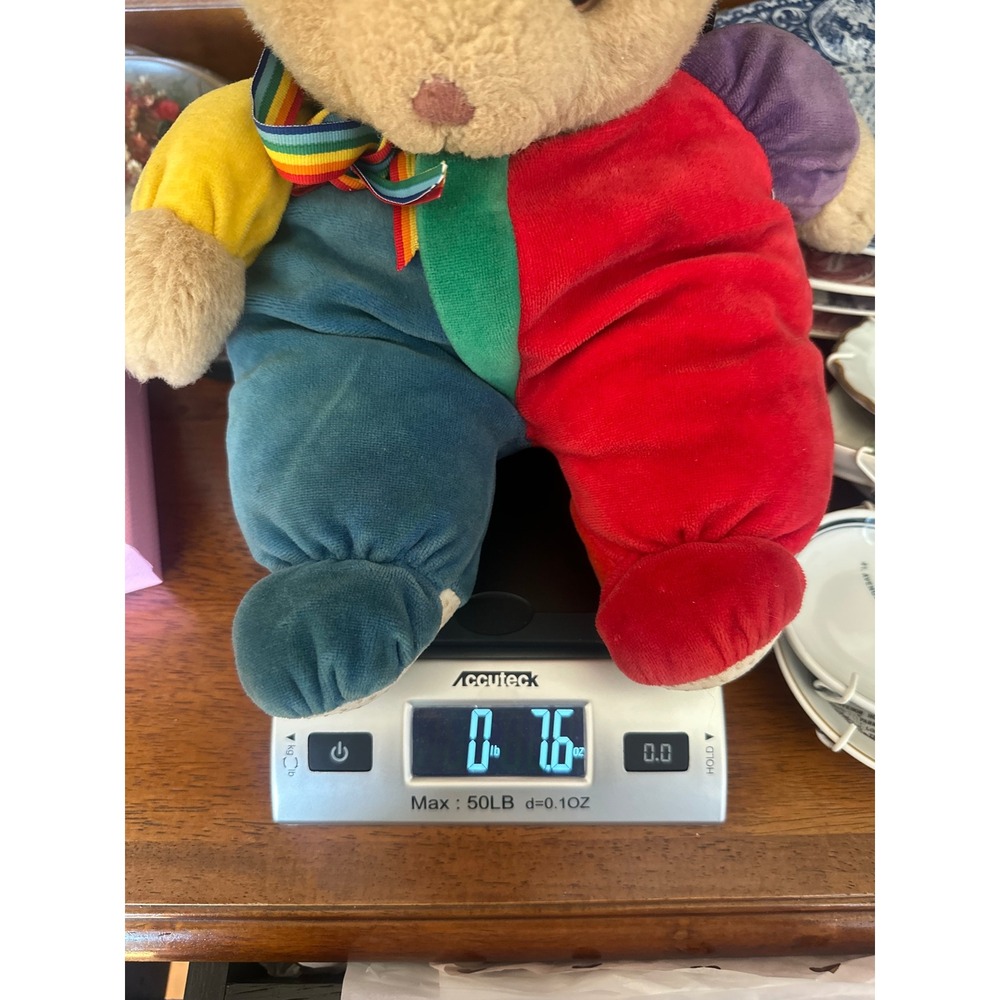 Vintage Color Block Teddy Bear Plush Rainbow Ribbon Primary Colors Velour 7.6oz - Picture 8 of 9